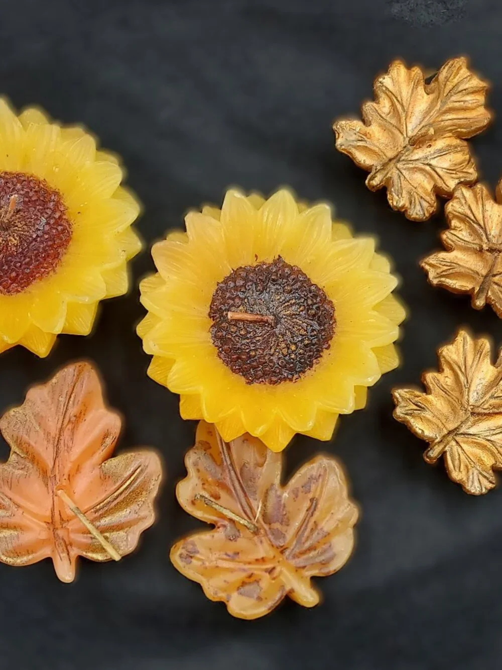 Vintage Fall Decor Bright Yellow Sunflowers & Fall Leaves Candles Set of 8